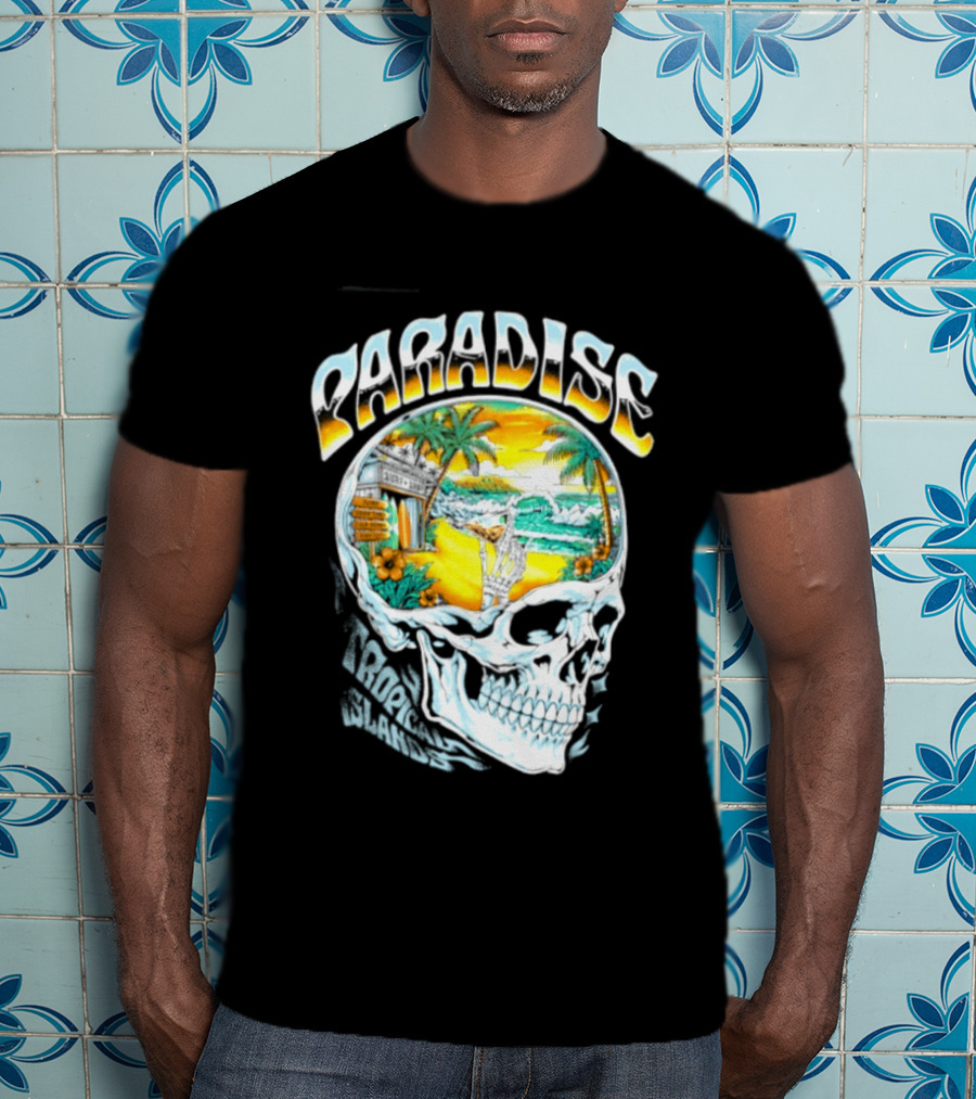 Paradise Tropical Island Skull Surf Shop Beach Scene T-Shirt