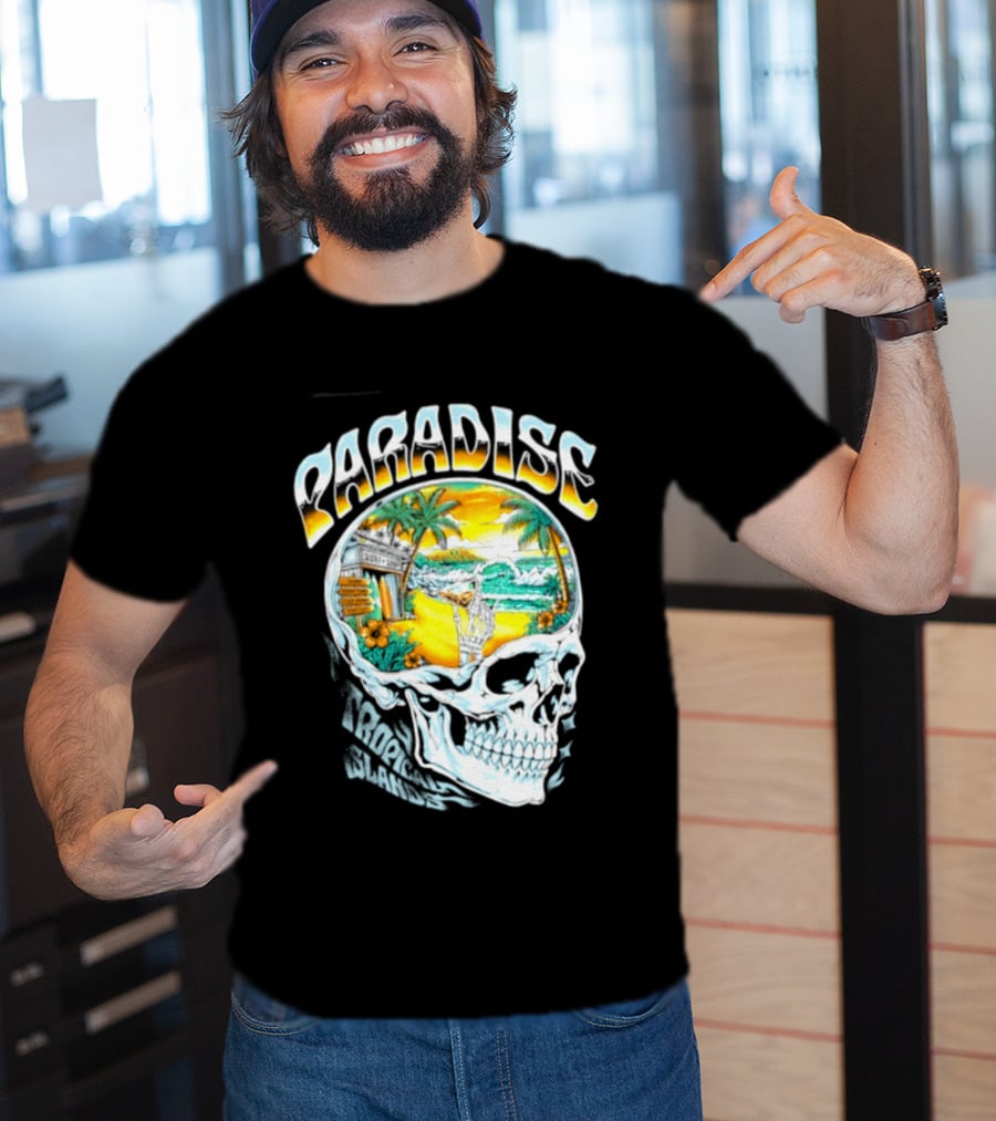 Paradise Tropical Island Skull Surf Shop Beach Scene T-Shirt