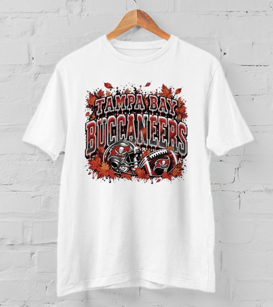 Tampa Bay Buccaneers Helmet And Football With Autumn Leaves Halloween 2026 T-Shirt
