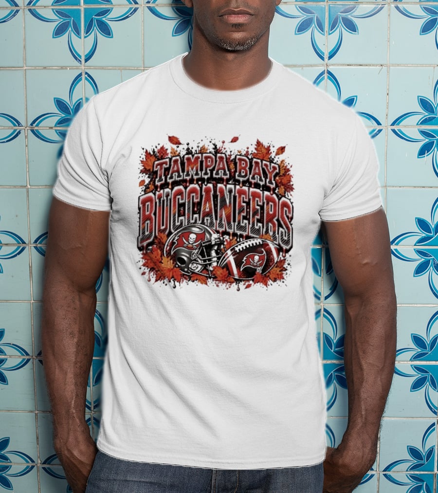 Tampa Bay Buccaneers Helmet And Football With Autumn Leaves Halloween 2026 T-Shirt
