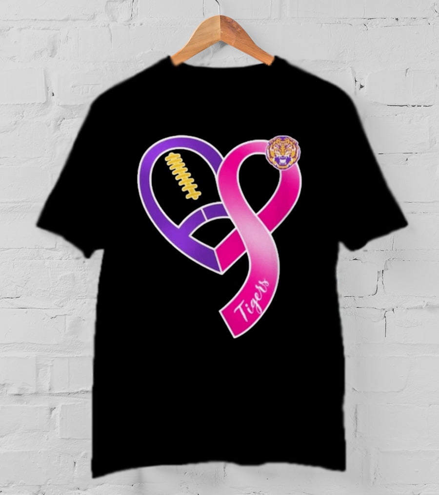 LSU Tigers Breast Cancer Awareness 2026 Heart Ribbon Football T-Shirt