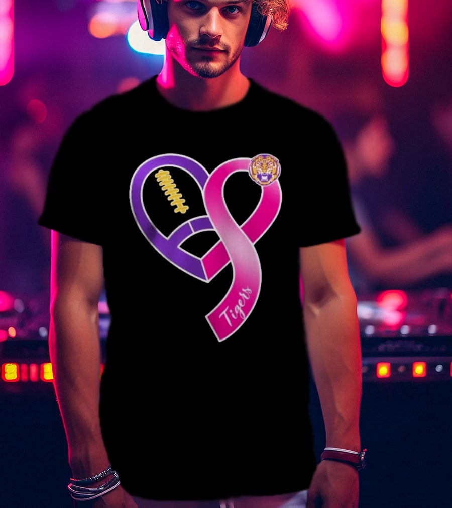 LSU Tigers Breast Cancer Awareness 2026 Heart Ribbon Football T-Shirt