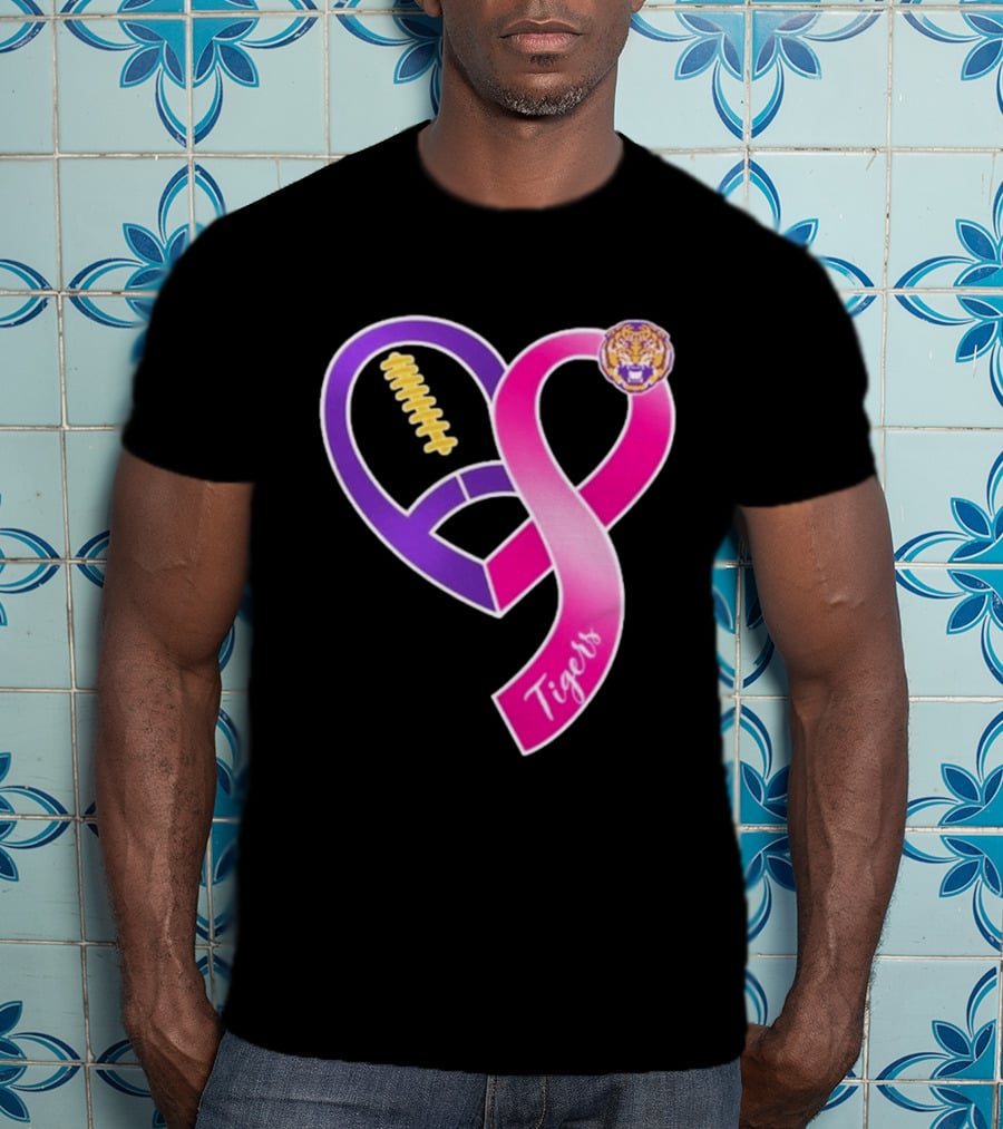 LSU Tigers Breast Cancer Awareness 2026 Heart Ribbon Football T-Shirt