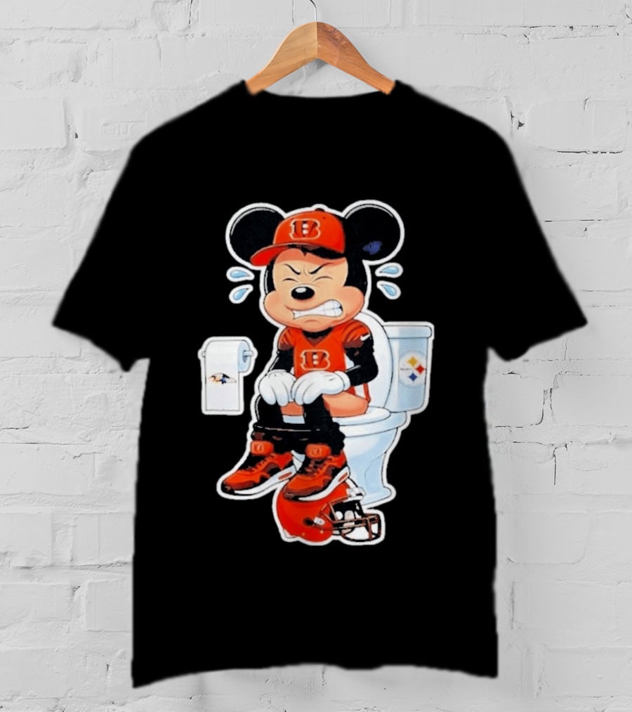 Mickey Cincinnati Bengals Mascot On Toilet Rival Baltimore Ravens Steelers Football Helmet T-Shirt