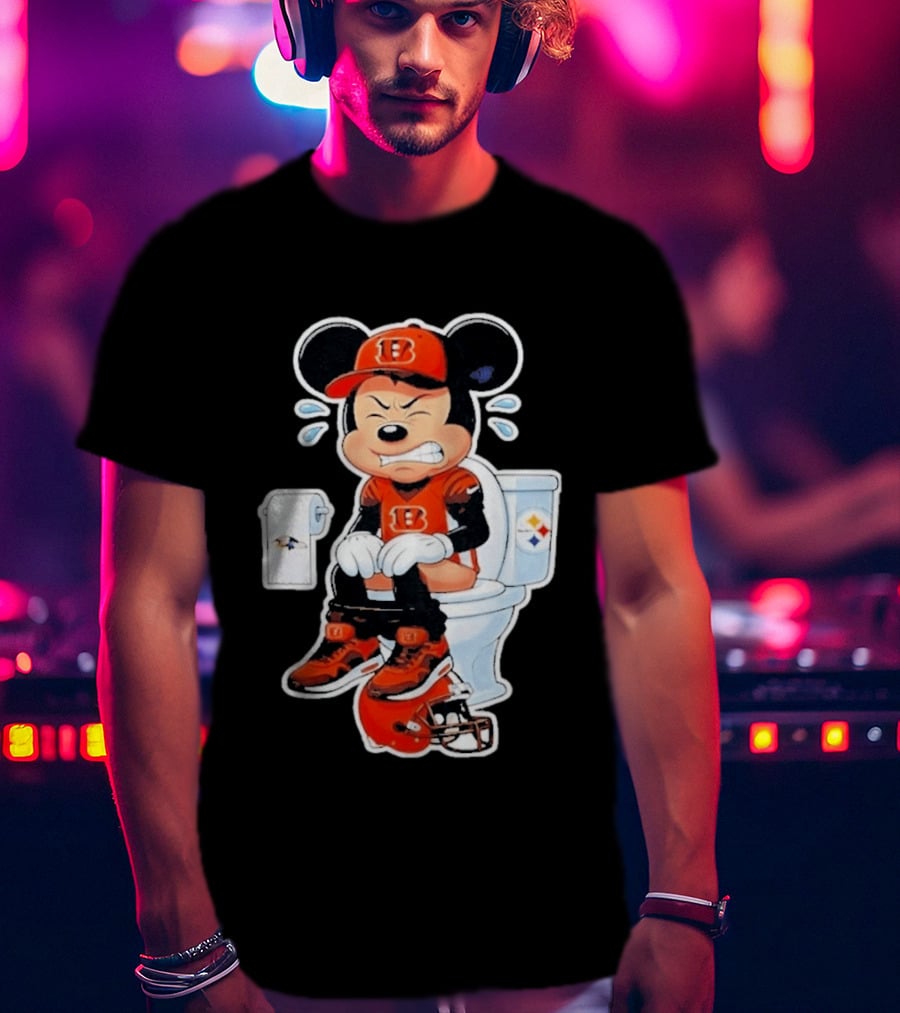 Mickey Cincinnati Bengals Mascot On Toilet Rival Baltimore Ravens Steelers Football Helmet T-Shirt