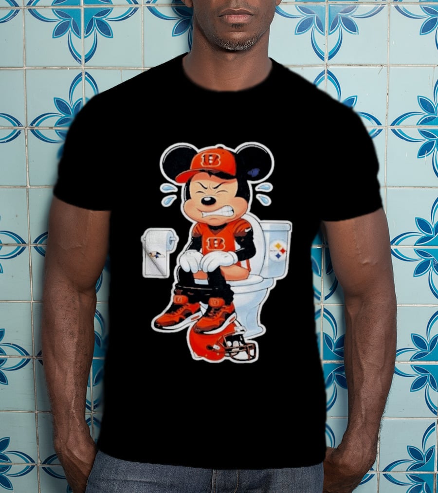 Mickey Cincinnati Bengals Mascot On Toilet Rival Baltimore Ravens Steelers Football Helmet T-Shirt