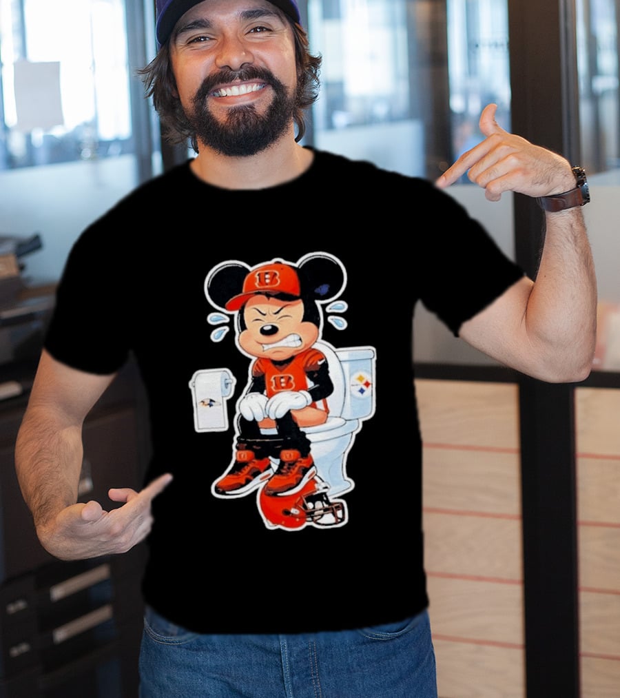 Mickey Cincinnati Bengals Mascot On Toilet Rival Baltimore Ravens Steelers Football Helmet T-Shirt