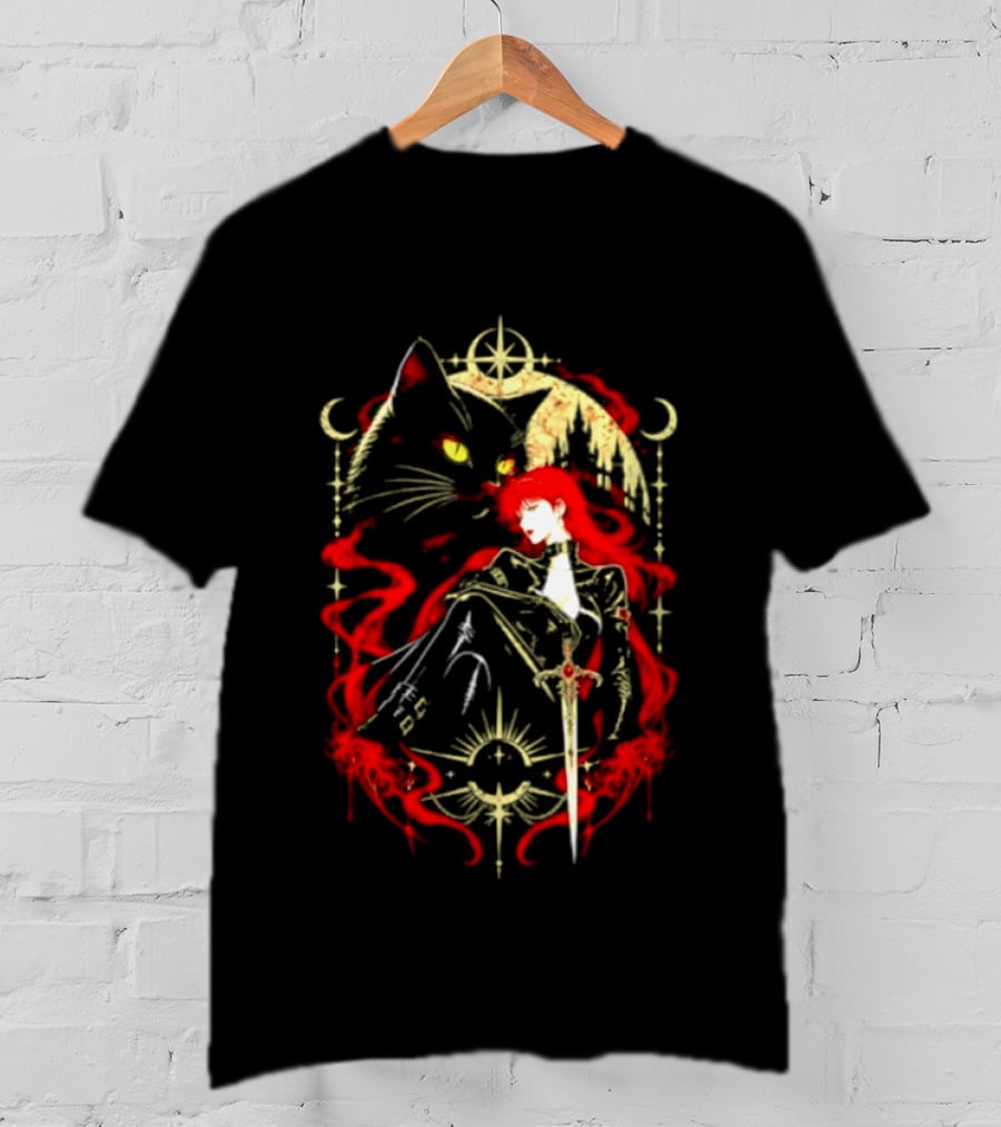 Gothic Red Haired Woman Black Cat Sword Magical T-Shirt