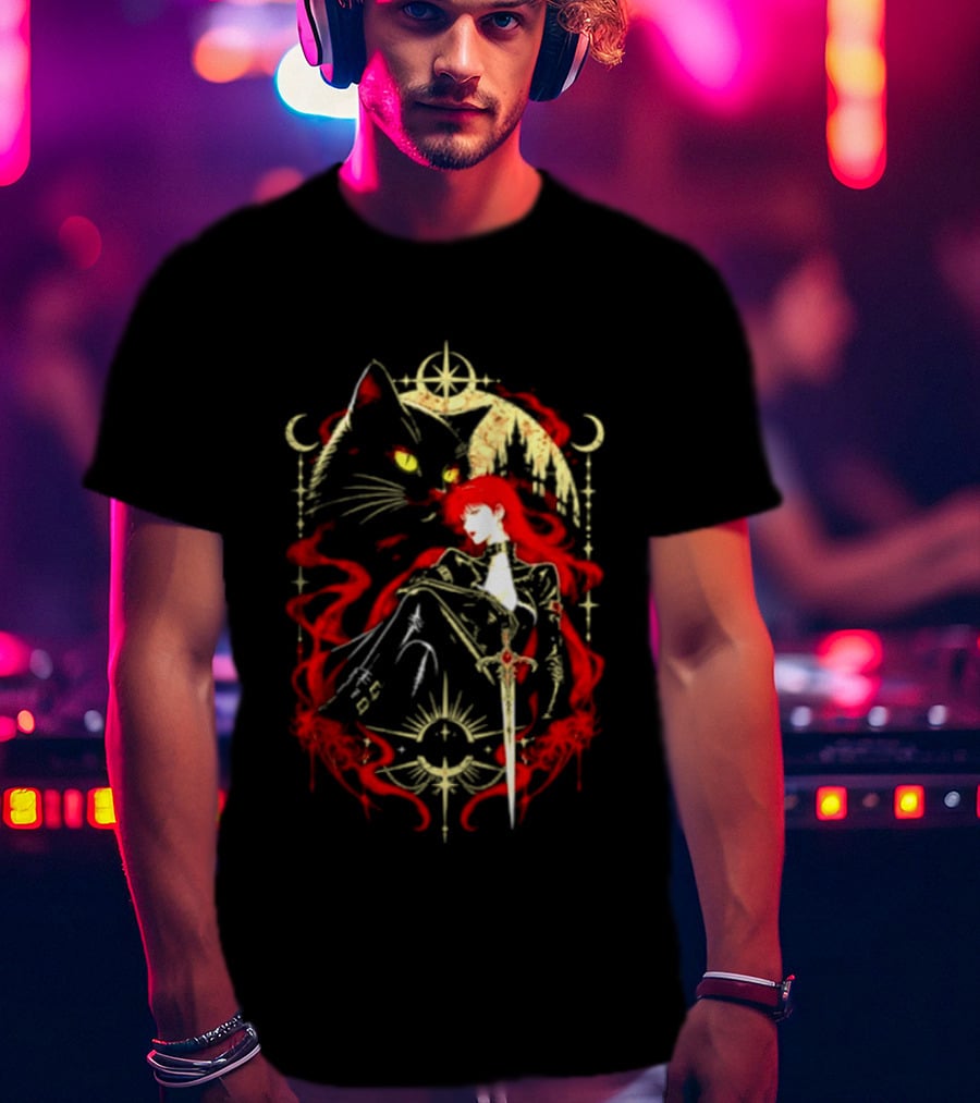 Gothic Red Haired Woman Black Cat Sword Magical T-Shirt