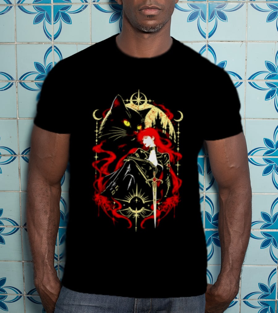 Gothic Red Haired Woman Black Cat Sword Magical T-Shirt