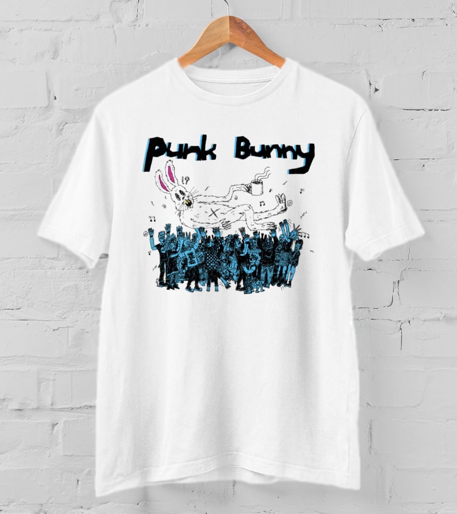 Punk Bunny Coffee Cup Crowd Green Day Style White T-Shirt