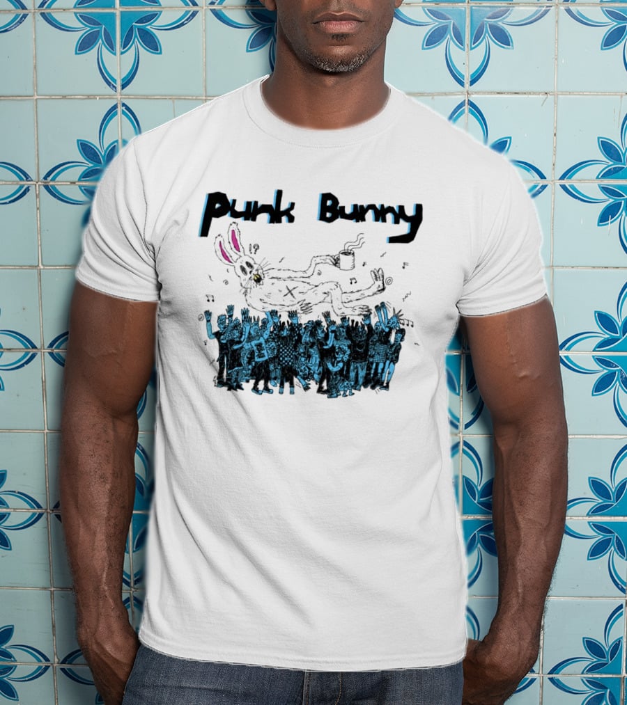 Punk Bunny Coffee Cup Crowd Green Day Style White T-Shirt