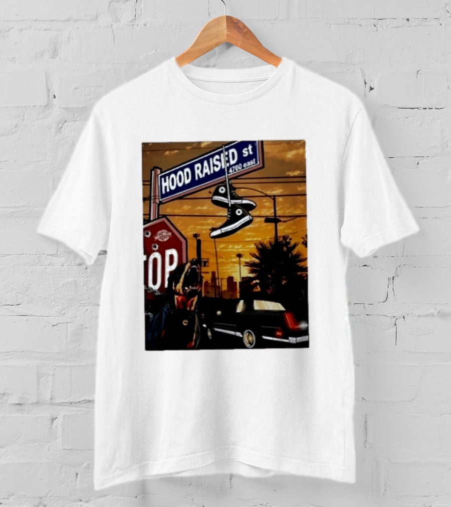 Hood Raised Street 4700 East Rottweiler Lowrider Sneakers And Sunset Urban Scene T-Shirt