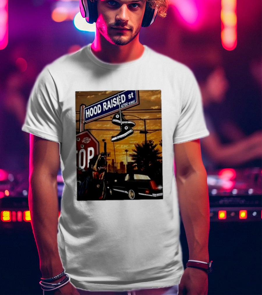 Hood Raised Street 4700 East Rottweiler Lowrider Sneakers And Sunset Urban Scene T-Shirt