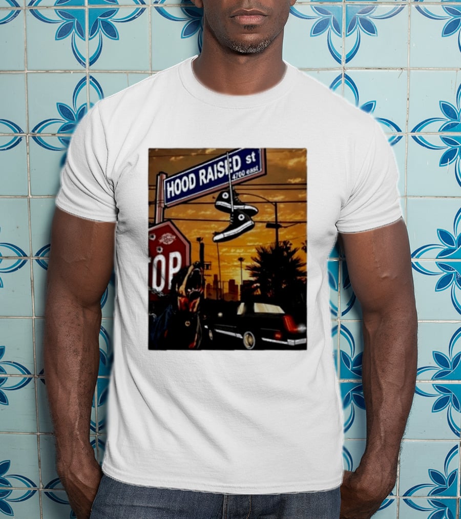 Hood Raised Street 4700 East Rottweiler Lowrider Sneakers And Sunset Urban Scene T-Shirt