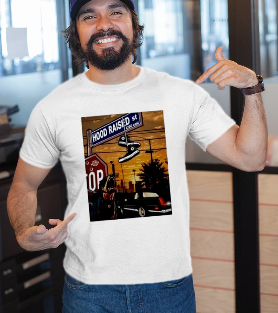 Hood Raised Street 4700 East Rottweiler Lowrider Sneakers And Sunset Urban Scene T-Shirt