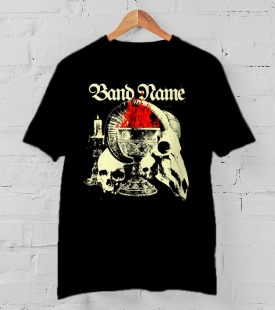Band Name Skull Chalice Candle Flames Heavy Metal T-Shirt
