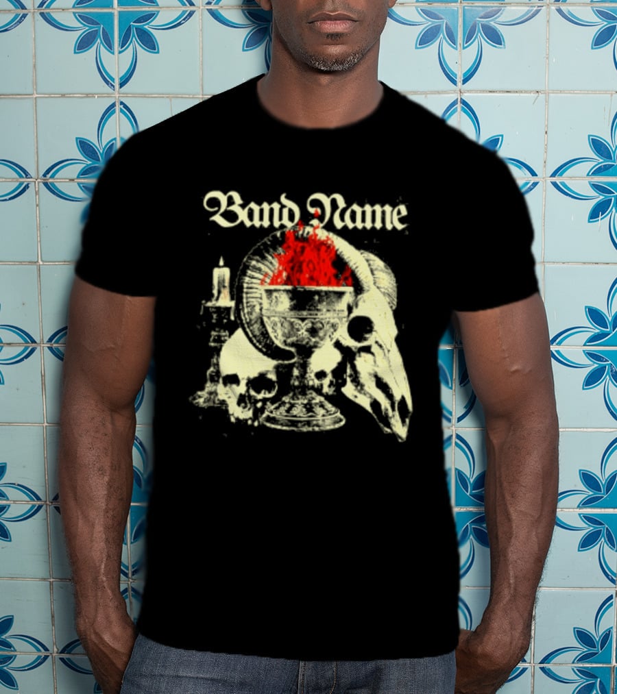 Band Name Skull Chalice Candle Flames Heavy Metal T-Shirt