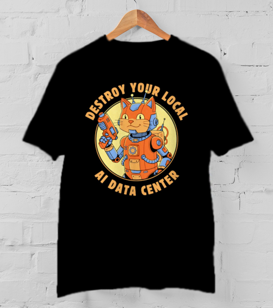 Destroy Your Local AI Data Center Robot Cat Retro Futuristic T-Shirt