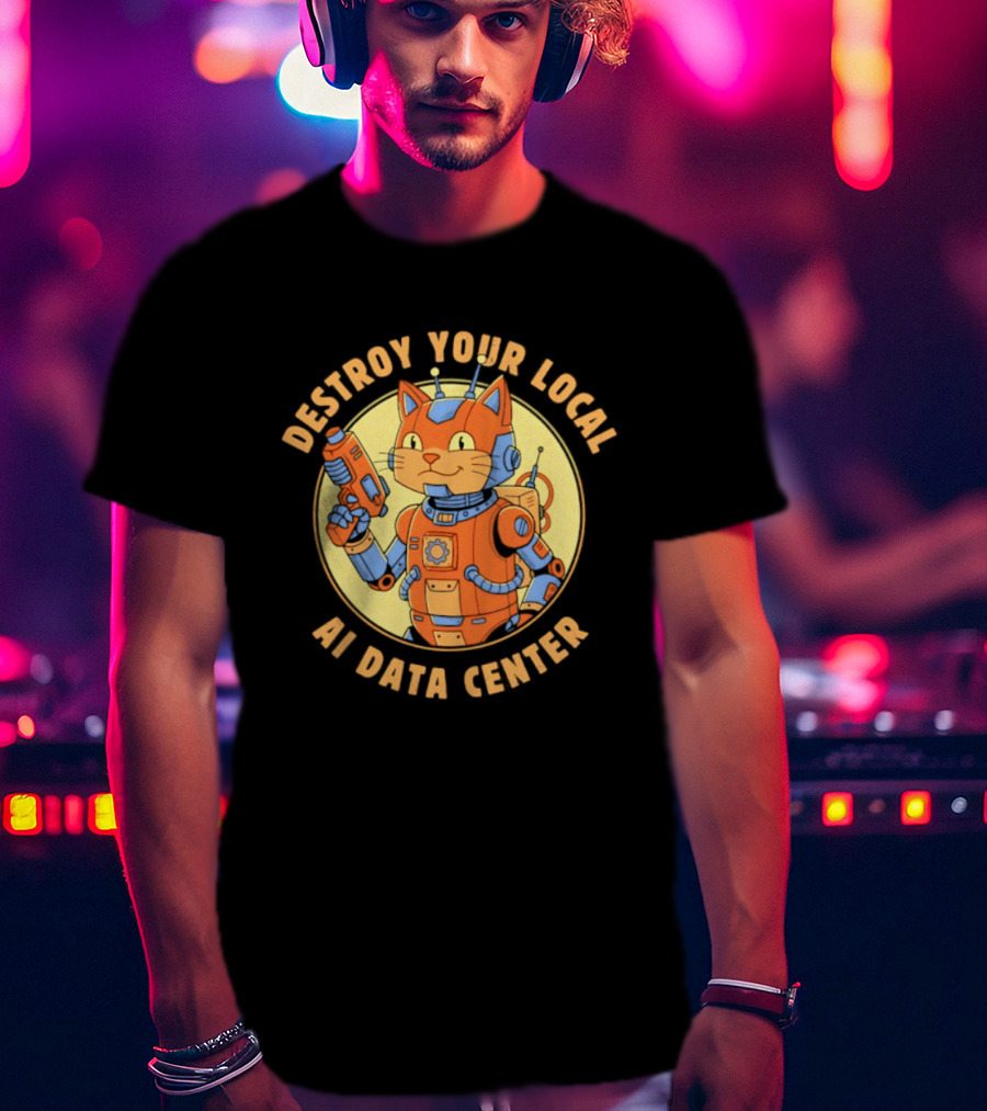 Destroy Your Local AI Data Center Robot Cat Retro Futuristic T-Shirt