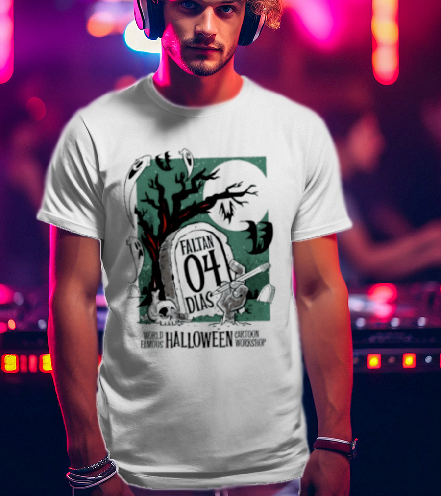 Faltan 04 Dias World Famous Halloween Cartoon Workshop Spooky Tree And Bats T-Shirt
