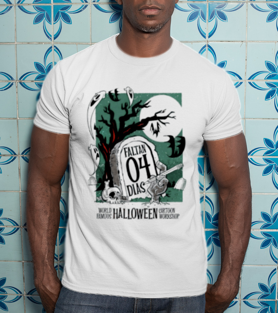 Faltan 04 Dias World Famous Halloween Cartoon Workshop Spooky Tree And Bats T-Shirt