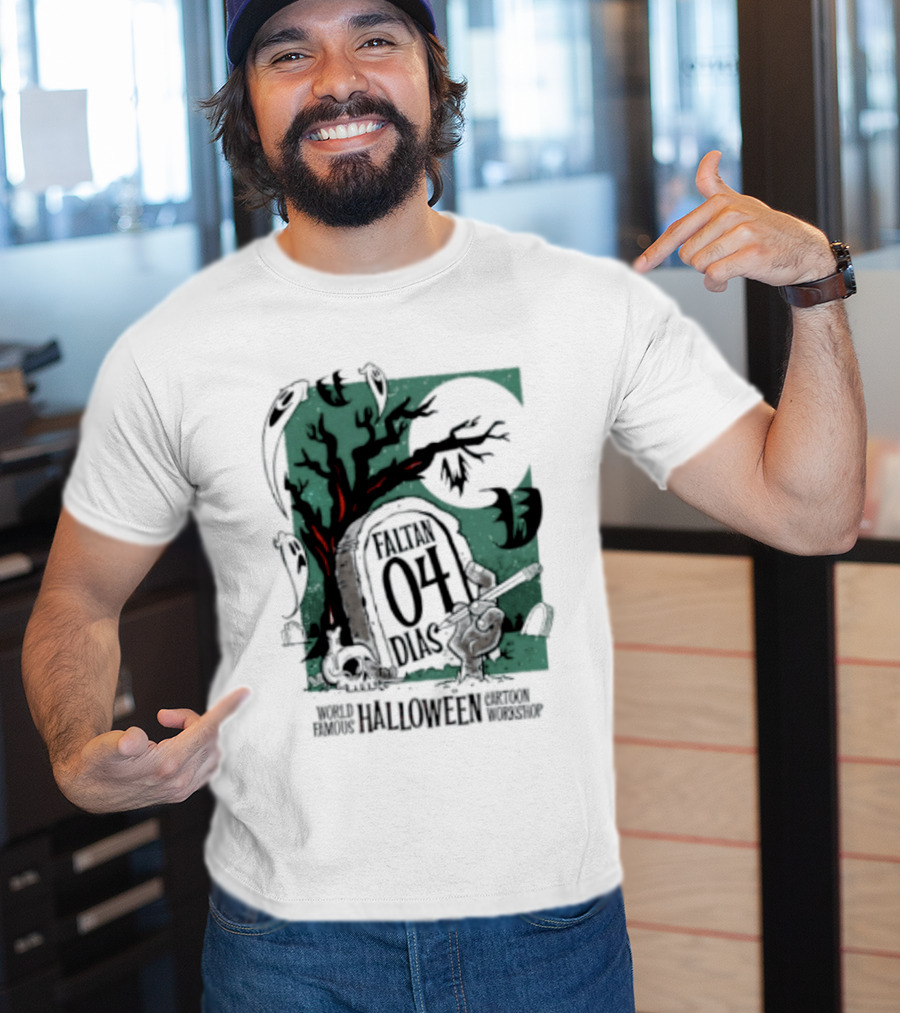 Faltan 04 Dias World Famous Halloween Cartoon Workshop Spooky Tree And Bats T-Shirt