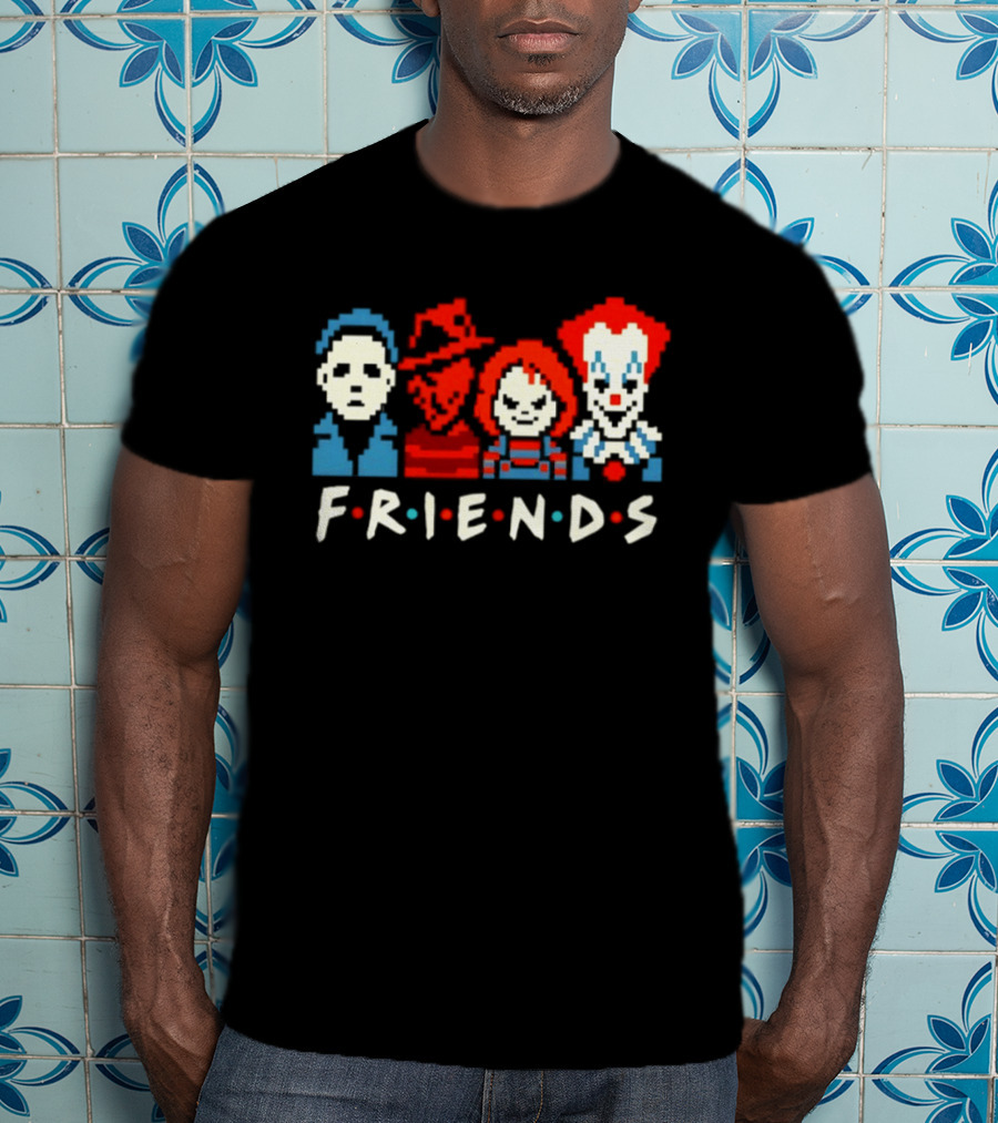 Friends Horror Movie Characters Pixel Art Michael Freddy Chucky Pennywise T-Shirt