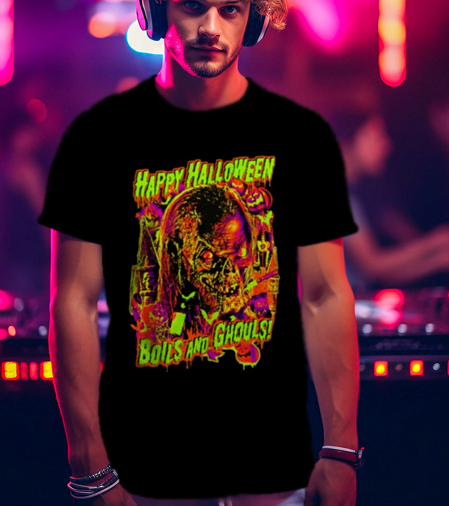 Happy Halloween Boils And Ghouls Horror Zombie Pumpkins Candles Spooky Scene T-Shirt