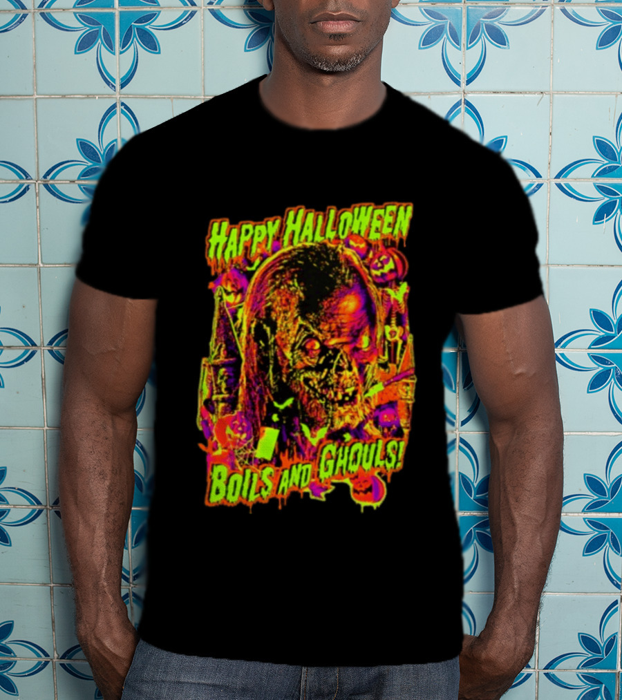 Happy Halloween Boils And Ghouls Horror Zombie Pumpkins Candles Spooky Scene T-Shirt