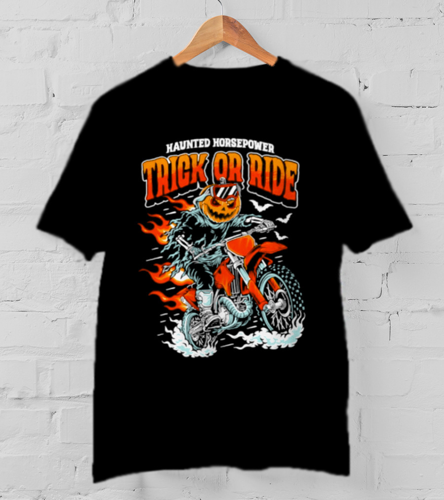 Haunted Horsepower Trick Or Ride Halloween Pumpkin Motorcycle Flames T-Shirt
