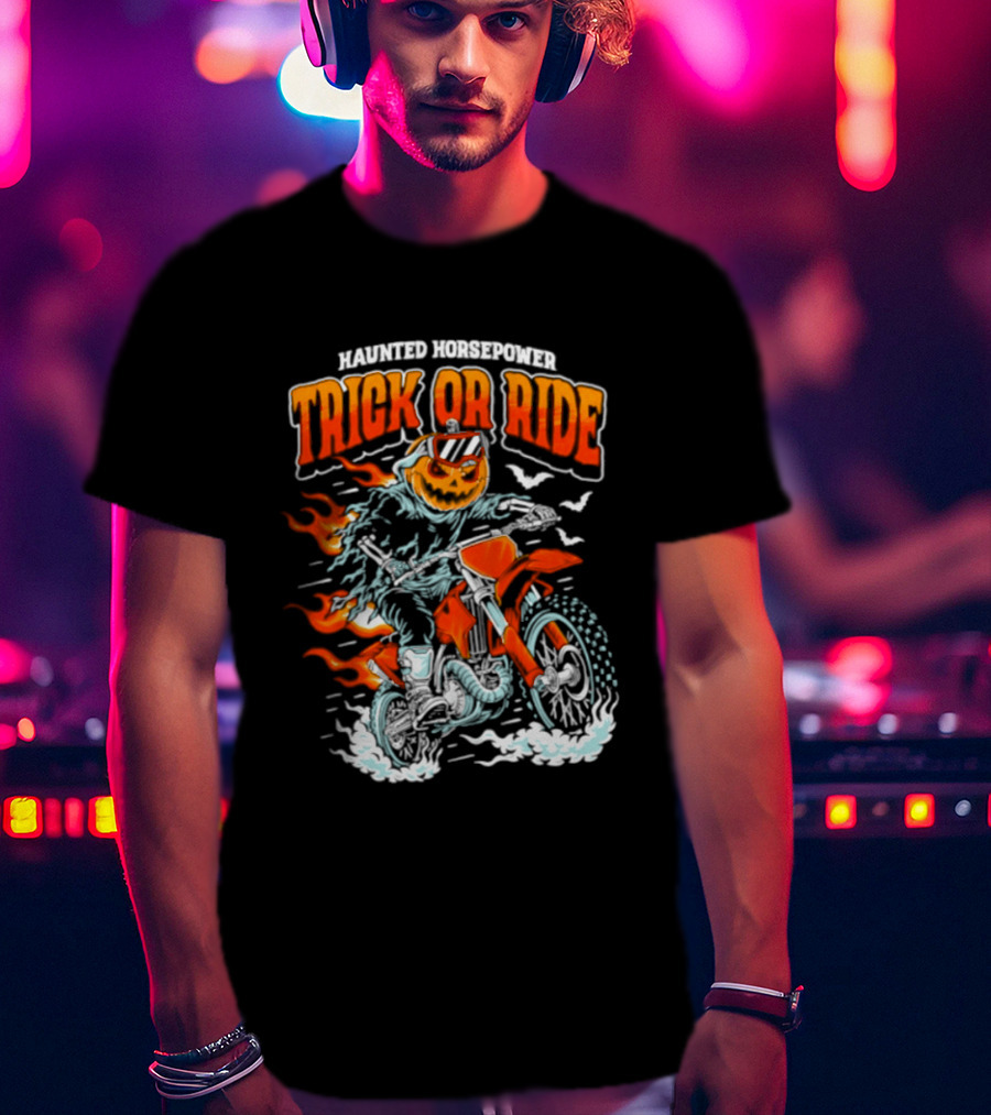Haunted Horsepower Trick Or Ride Halloween Pumpkin Motorcycle Flames T-Shirt