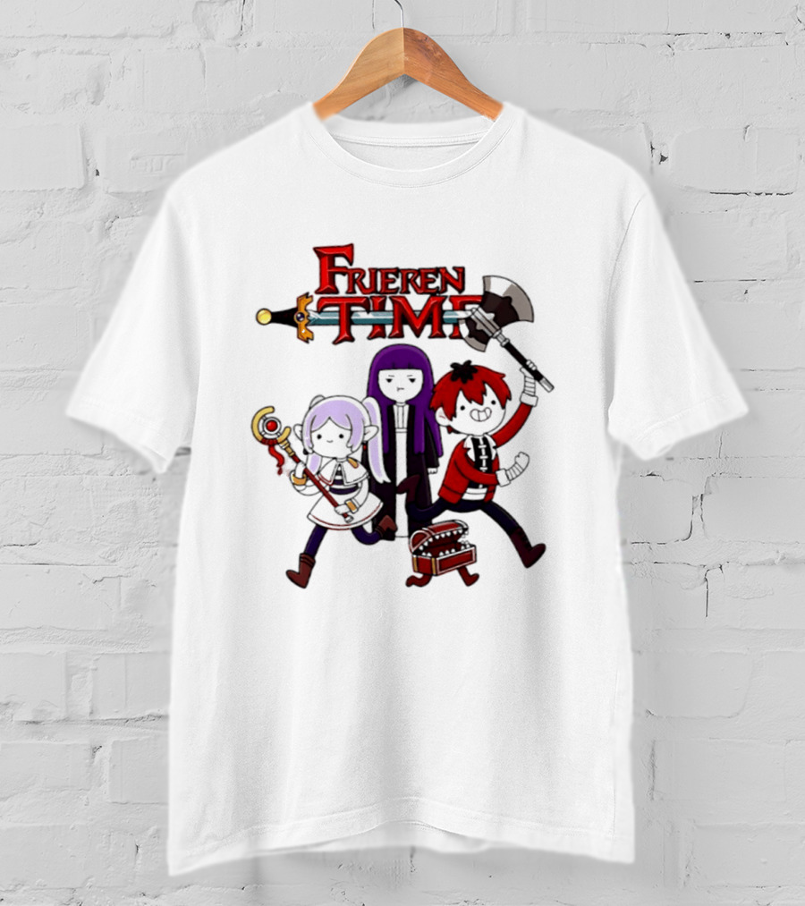 Frieren Time Adventure Time Anime Crossover Characters With Weapons And Staff T-Shirt