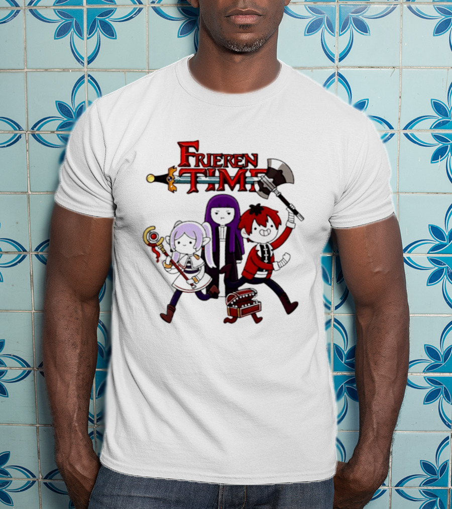 Frieren Time Adventure Time Anime Crossover Characters With Weapons And Staff T-Shirt
