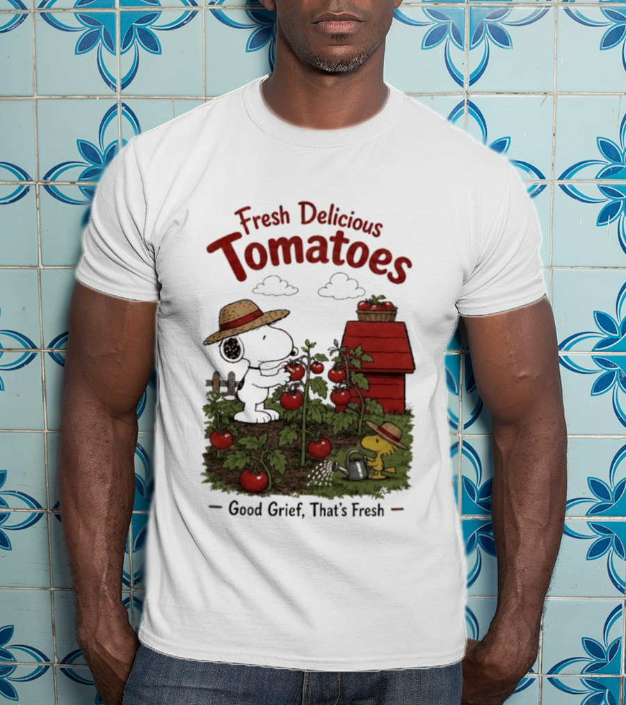 Snoopy Fresh Delicious Tomatoes Good Grief That's Fresh Garden Scene T-Shirt