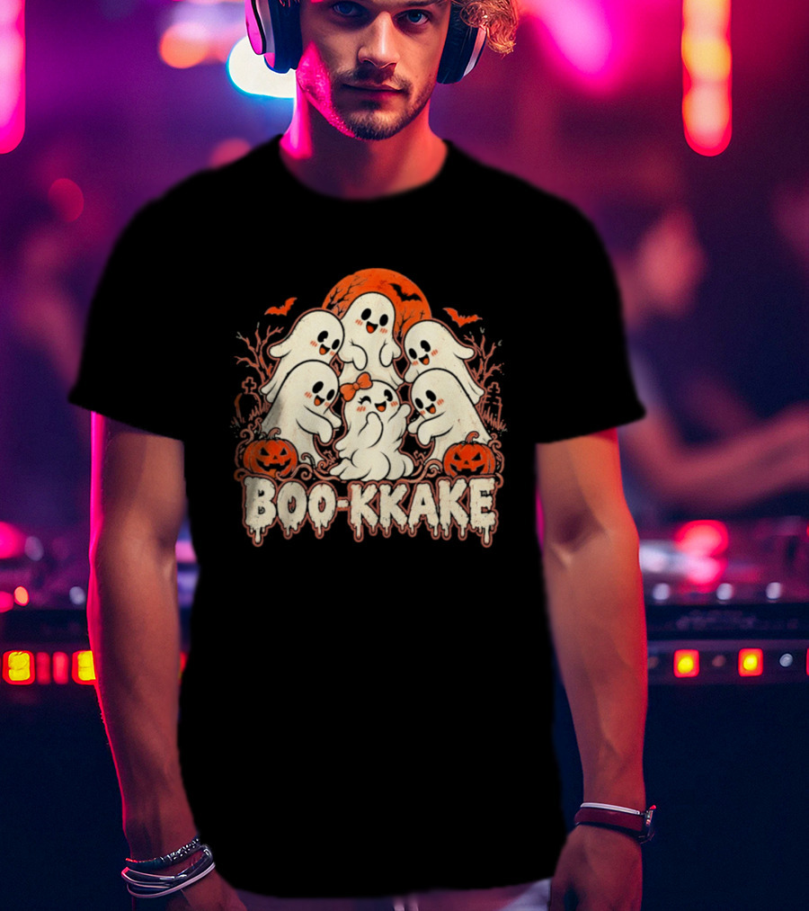 Boo Kkake Japanese Halloween Ghosts Pumpkins Bats Orange Moon T-Shirt