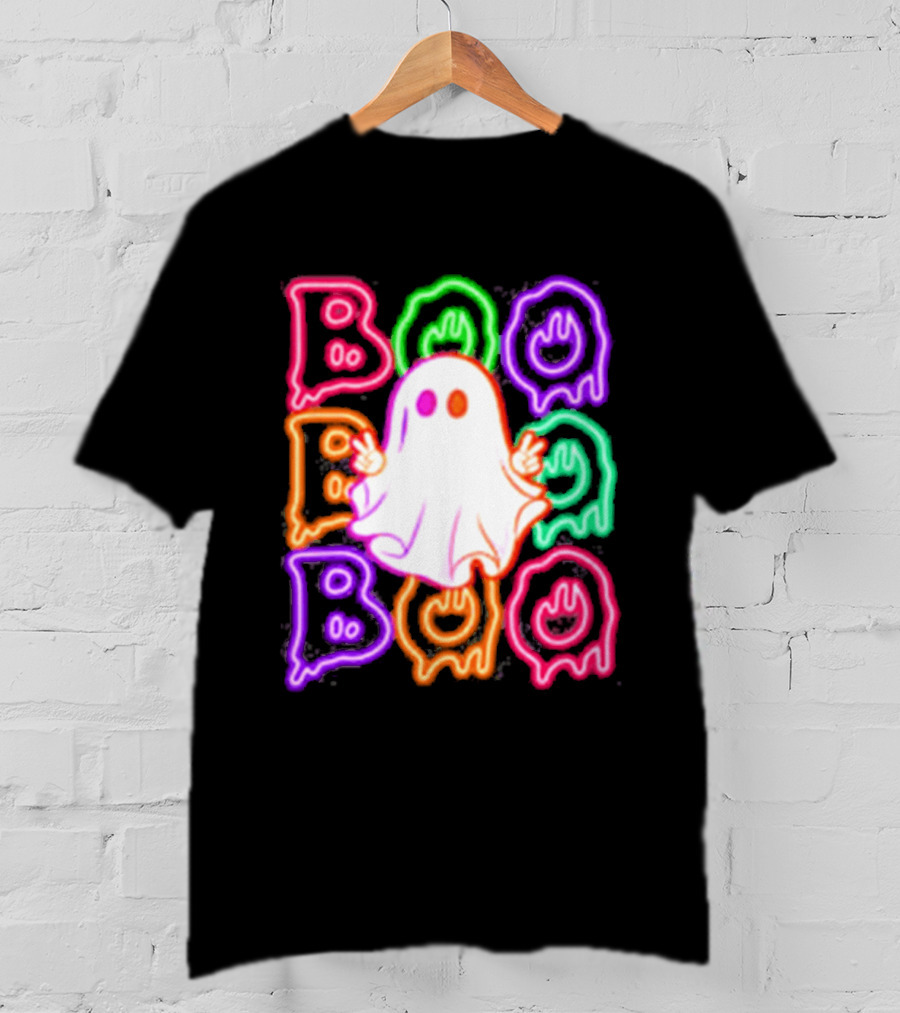 Ghost Boo Neon Halloween Spooky Bright T-Shirt
