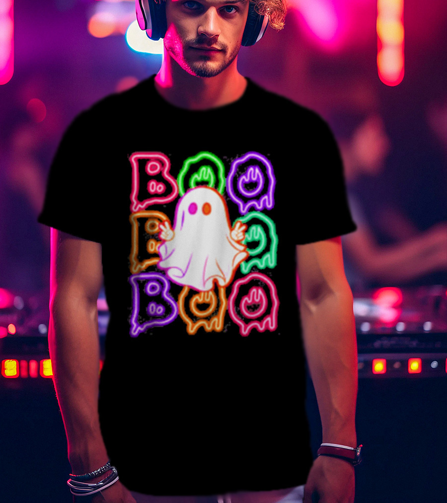 Ghost Boo Neon Halloween Spooky Bright T-Shirt