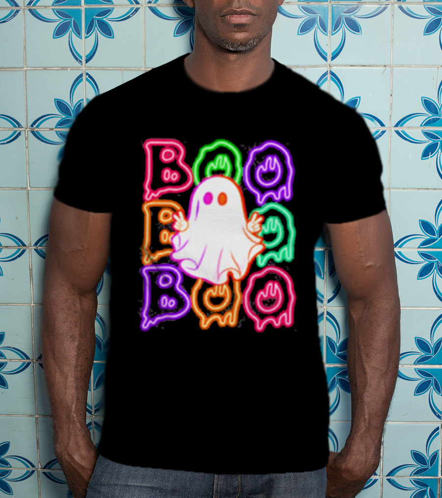 Ghost Boo Neon Halloween Spooky Bright T-Shirt