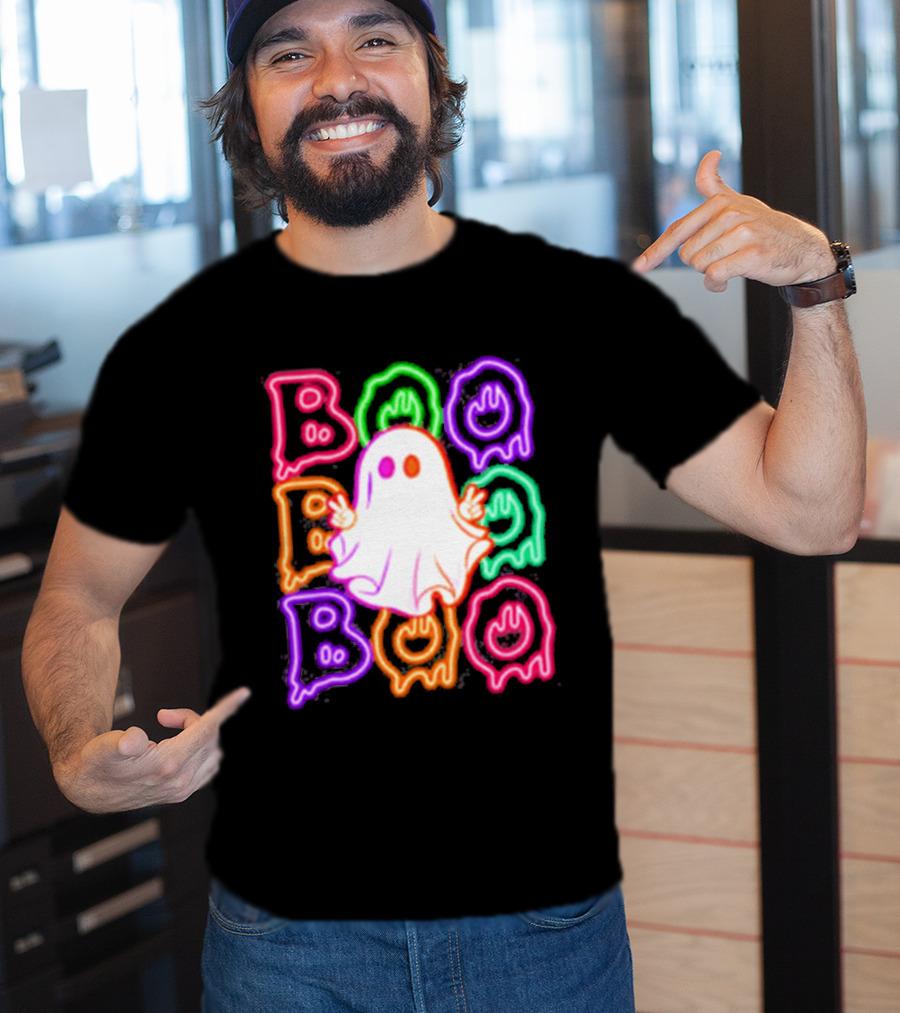 Ghost Boo Neon Halloween Spooky Bright T-Shirt