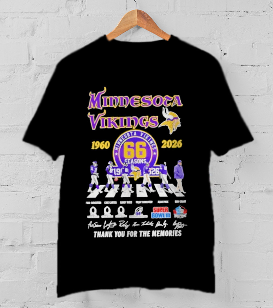 Minnesota Vikings 66 Seasons 1960 2026 Abbey Road Fran Tarkenton Cris Carter Randy Moss Alan Page Bud Grant Super Bowl Thank You For The Memories T-Shirt