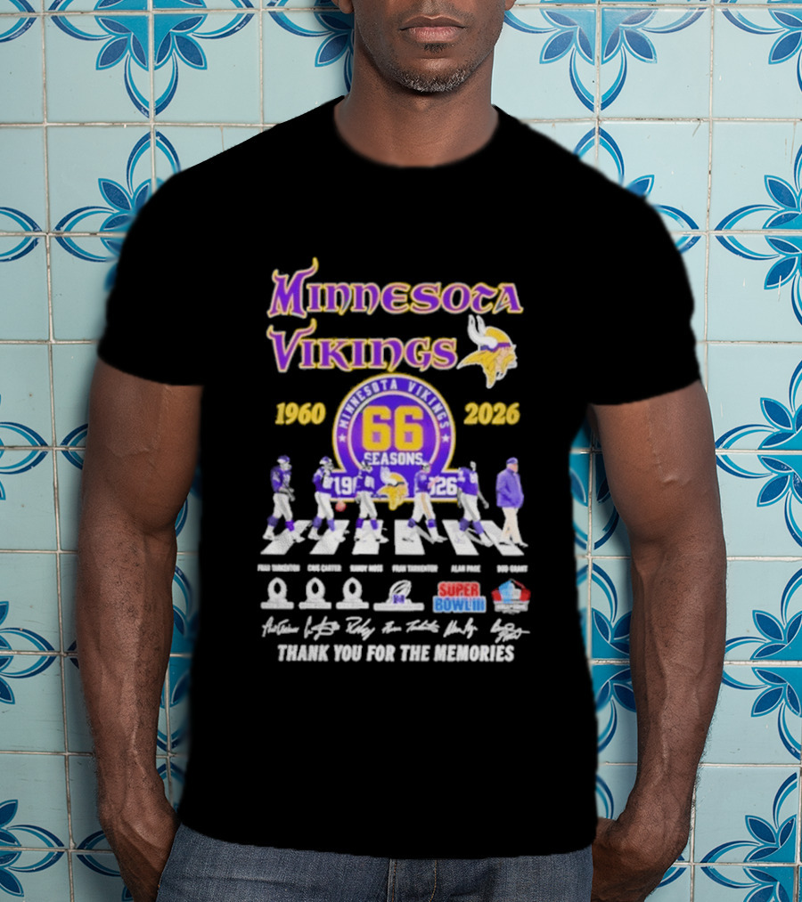 Minnesota Vikings 66 Seasons 1960 2026 Abbey Road Fran Tarkenton Cris Carter Randy Moss Alan Page Bud Grant Super Bowl Thank You For The Memories T-Shirt