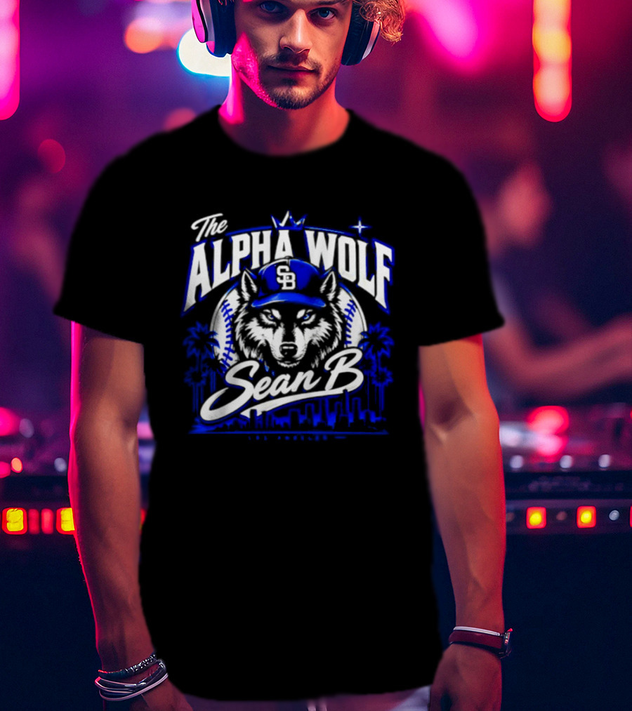The Alpha Wolf Sean B LA Dodgers Skyline Wolf Baseball Cap Stars Palms T-Shirt
