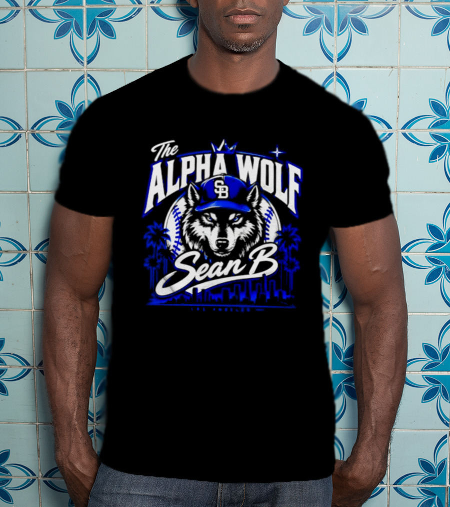 The Alpha Wolf Sean B LA Dodgers Skyline Wolf Baseball Cap Stars Palms T-Shirt