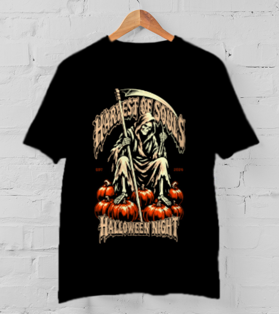 Grim Reaper Harvest Of Souls Halloween Night Middle Finger Pumpkins T-Shirt
