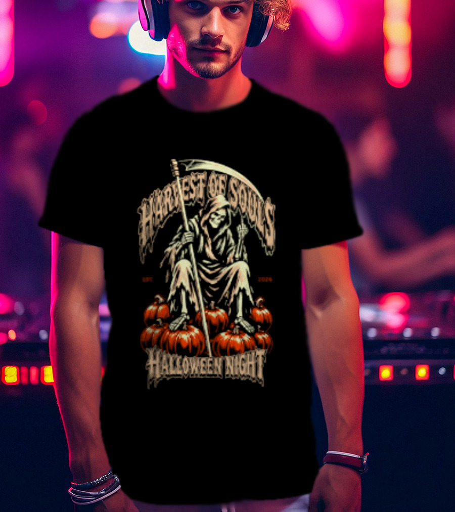 Grim Reaper Harvest Of Souls Halloween Night Middle Finger Pumpkins T-Shirt