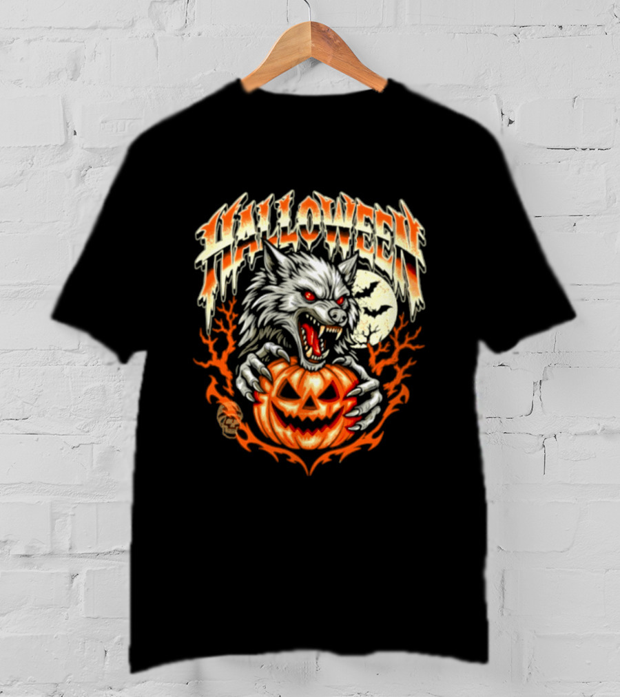 Halloween Werewolf With Jack O' Lantern And Full Moon T-Shirt