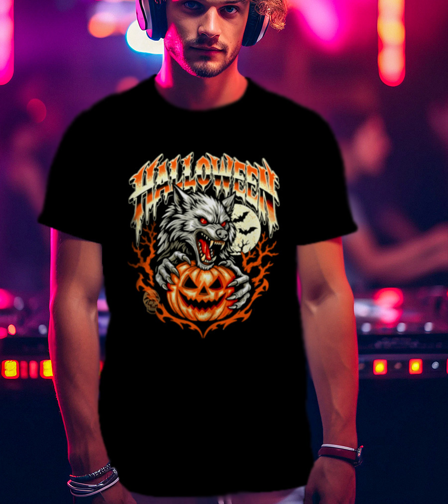 Halloween Werewolf With Jack O' Lantern And Full Moon T-Shirt