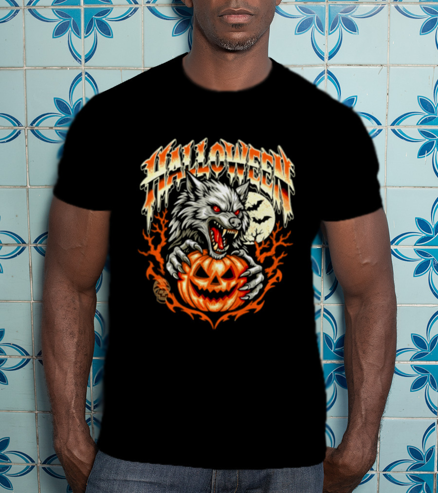 Halloween Werewolf With Jack O' Lantern And Full Moon T-Shirt