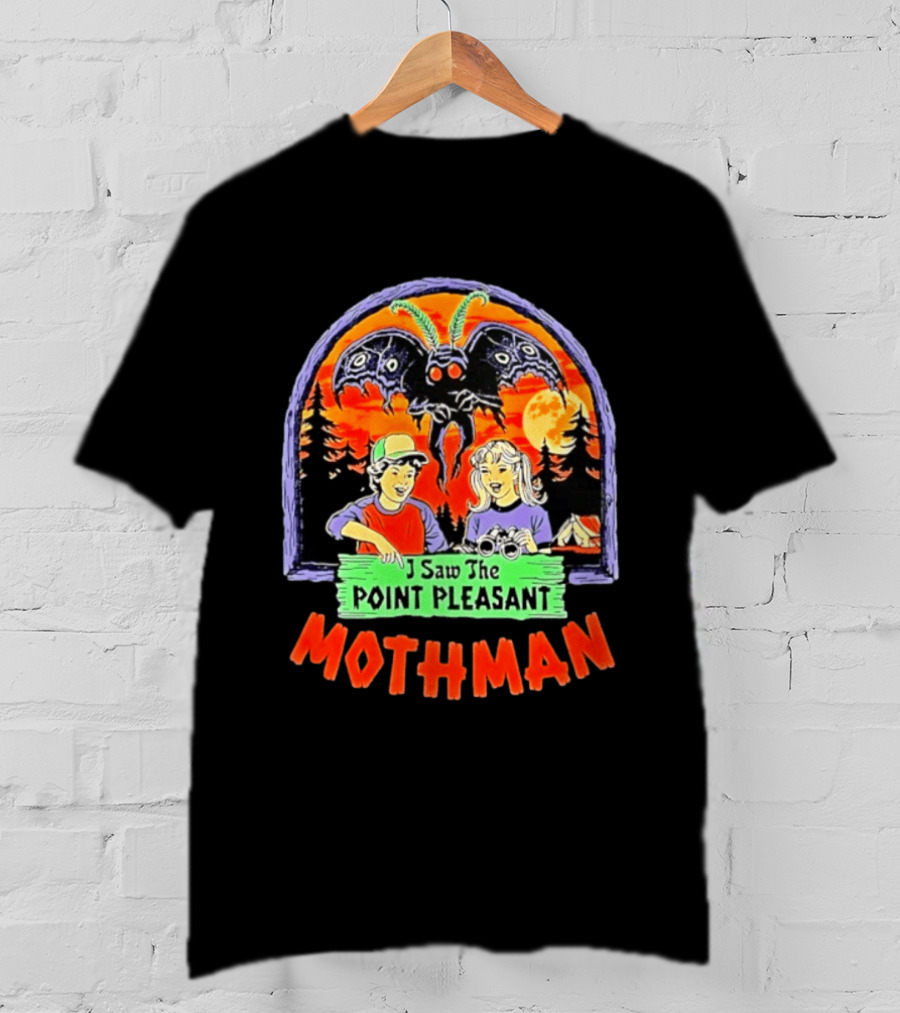 I Saw The Point Pleasant Mothman With Kids And Binoculars In Forest Scene T-Shirt